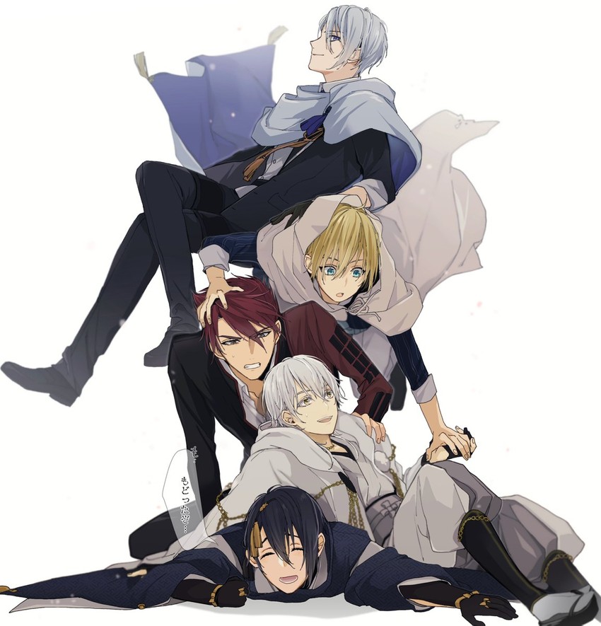 mikazuki munechika, tsurumaru kuninaga, yamanbagiri kunihiro, ookanehira, and yamanbagiri chougi (touken ranbu) drawn by coma_(macaron)