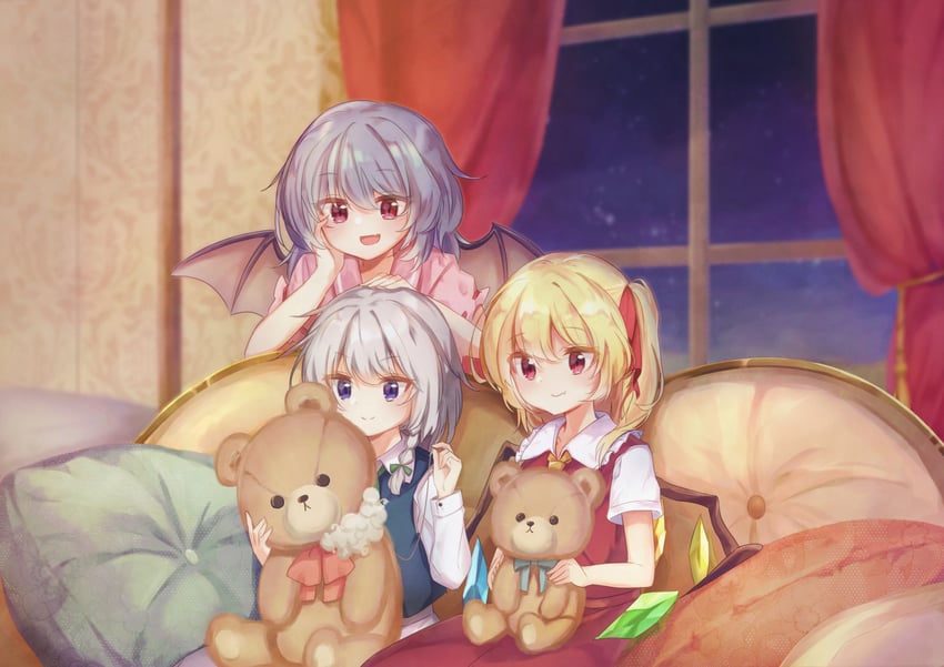 remilia scarlet, flandre scarlet, and izayoi sakuya (touhou) drawn by kutabiretainu
