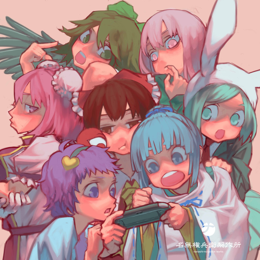 hakurei reimu, komeiji satori, reiuji utsuho, mononobe no futo, hata no kokoro, and 2 more (touhou) drawn by nanashi_(otaku_rock_n_roll)