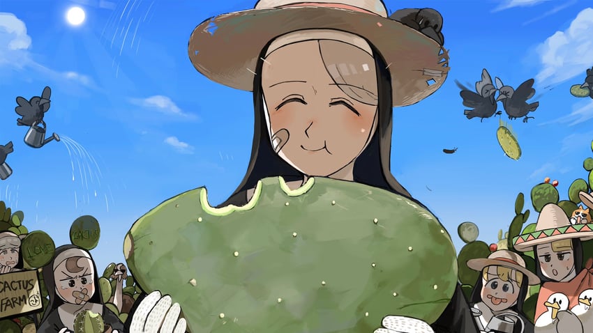 clumsy nun, froggy nun, spicy nun, sheep nun, and leaf nun (little nuns) drawn by diva_(hyxpk)