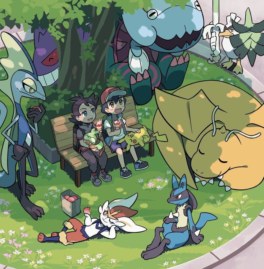 pikachu, ash ketchum, lucario, gengar, grookey, and 6 more (pokemon and 1 more) drawn by shuan_0420