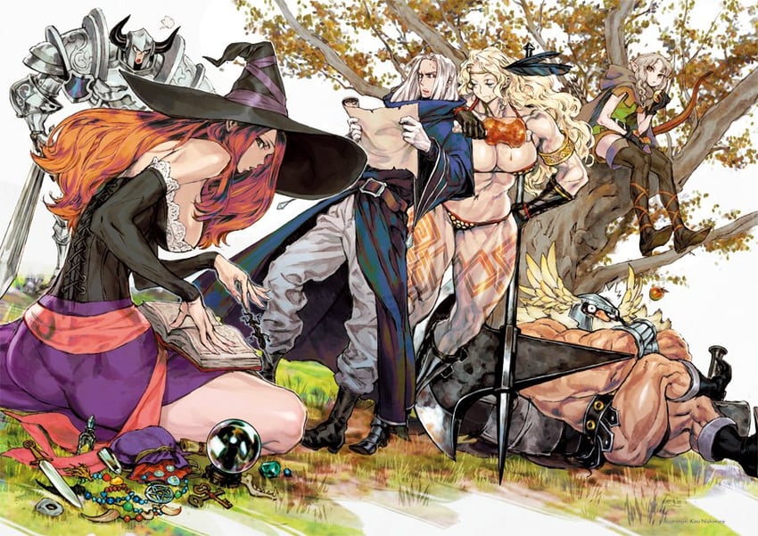 sorceress, amazon, elf, dwarf, fighter, and 1 more (dragon's crown) drawn by nishimura_kinu