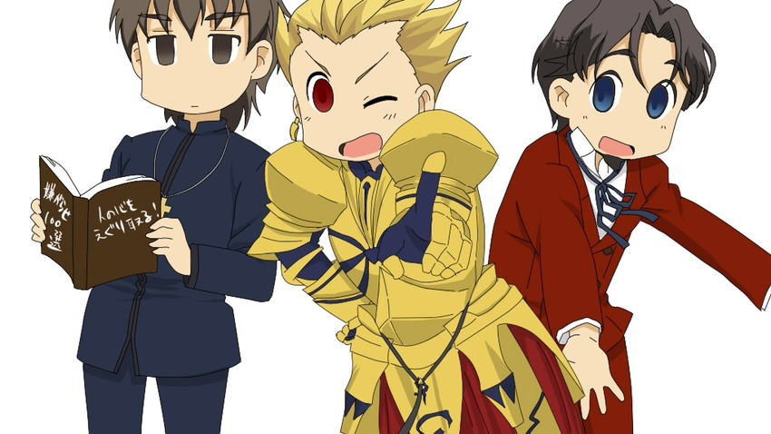 gilgamesh, kotomine kirei, and tohsaka tokiomi (fate and 3 more) drawn by emondora