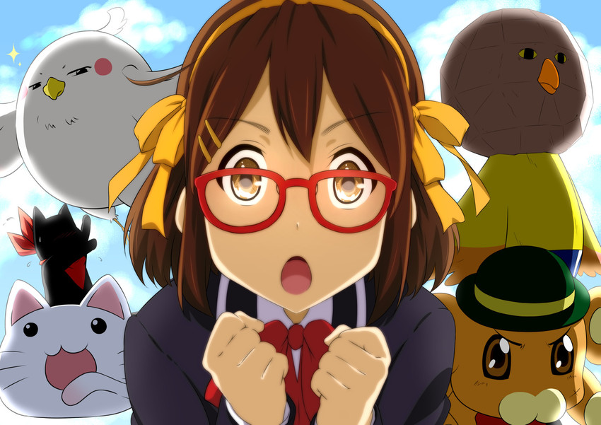 hirasawa yui, sakamoto, dera mochimazzui, nyamou, bonta-kun, and 1 more (k-on! and 11 more) drawn by oku_no_shi