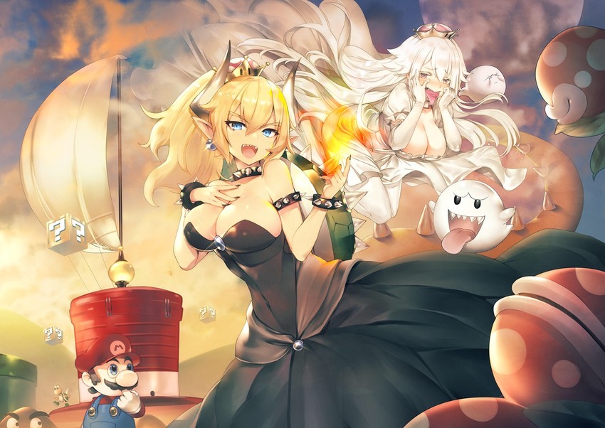 mario, bowsette, princess king boo, boo, piranha plant, and 2 more (mario and 3 more) drawn by teddypocky