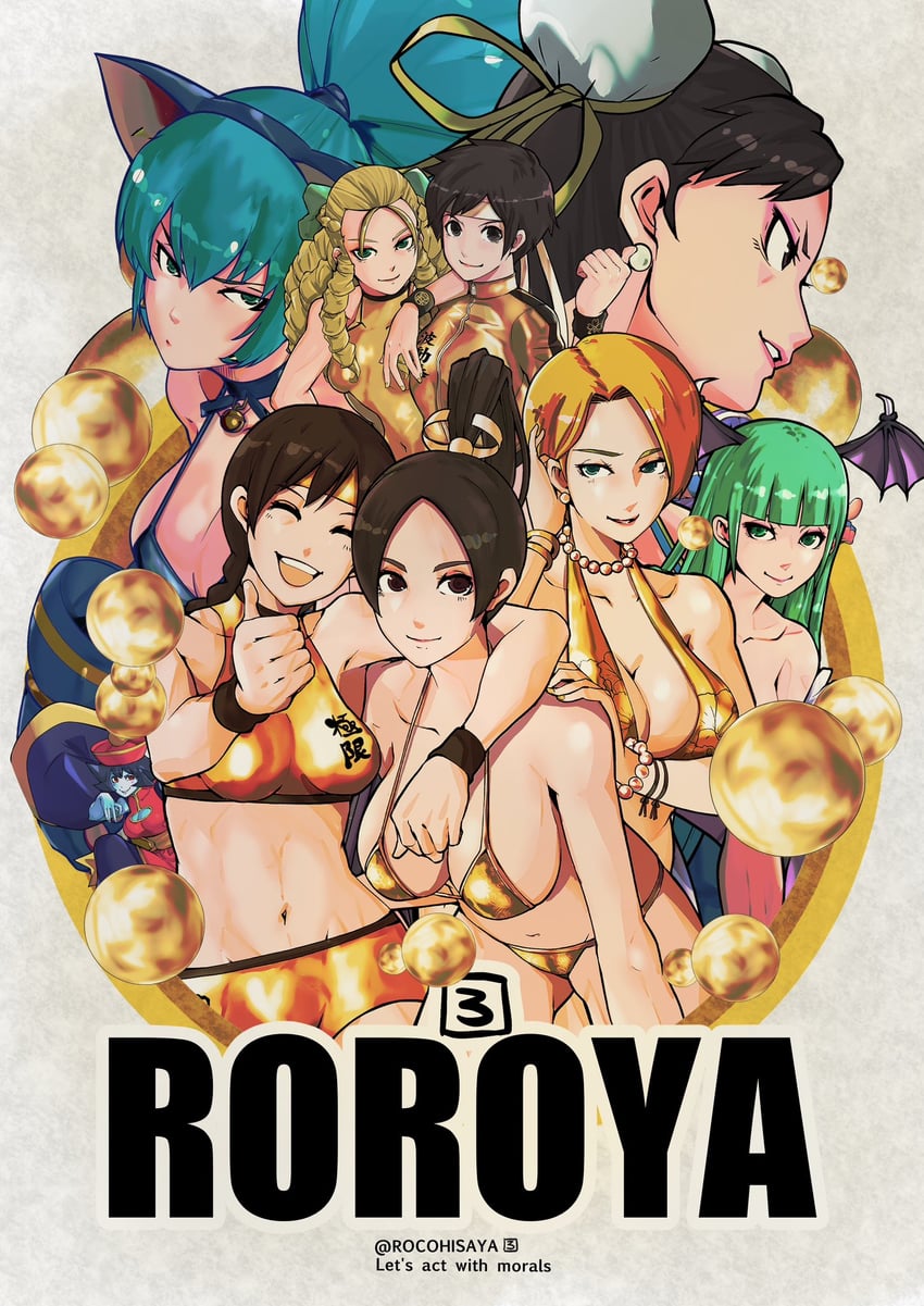 chun-li, morrigan aensland, shiranui mai, kasugano sakura, leona heidern, and 4 more (street fighter and 4 more) drawn by rocohisaya