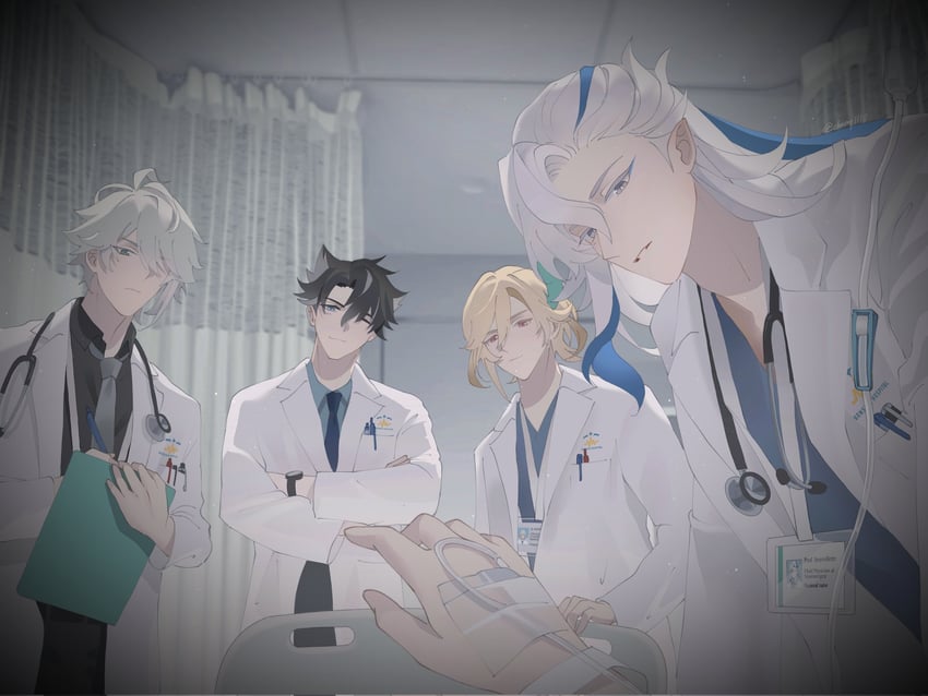 alhaitham, neuvillette, kaveh, and wriothesley (genshin impact) drawn by cheong1110