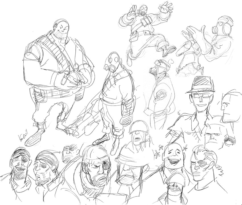 pyro, heavy, soldier, sniper, and demoman (team fortress 2) drawn by kotteri