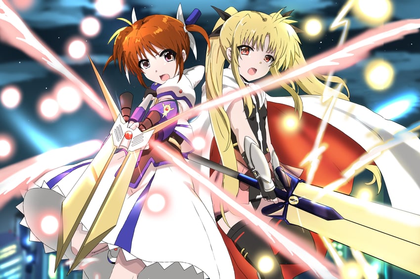 fate testarossa, takamachi nanoha, raising heart, and bardiche (lyrical nanoha and 3 more) drawn by ekaki_kukuma
