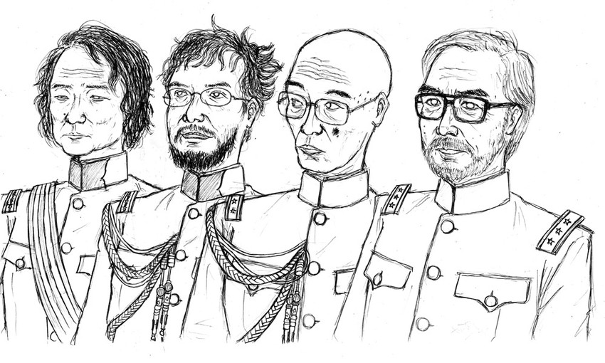 miyazaki hayao, tomino yoshiyuki, anno hideaki, and oshii mamoru (real life) drawn by crapgame