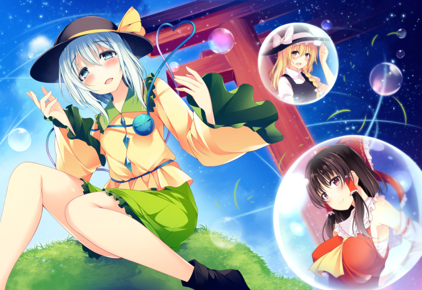 hakurei reimu, kirisame marisa, and komeiji koishi (touhou) drawn by kazakura