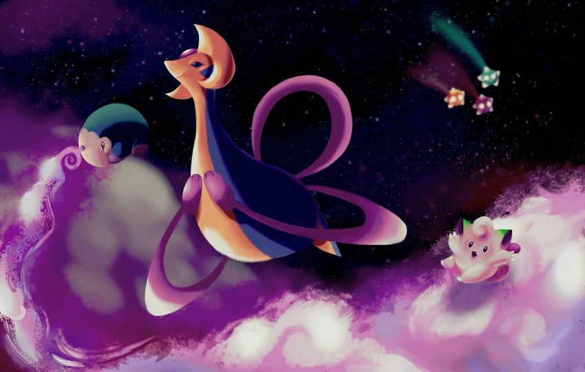 clefairy, musharna, minior, and cresselia (pokemon) drawn by elikapika