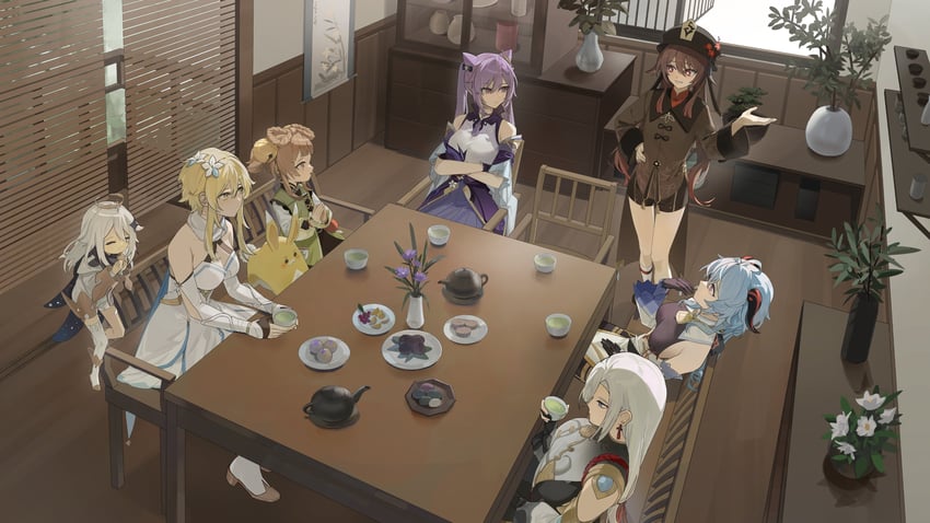 ganyu, lumine, hu tao, keqing, paimon, and 3 more (genshin impact) drawn by cjsdh1000