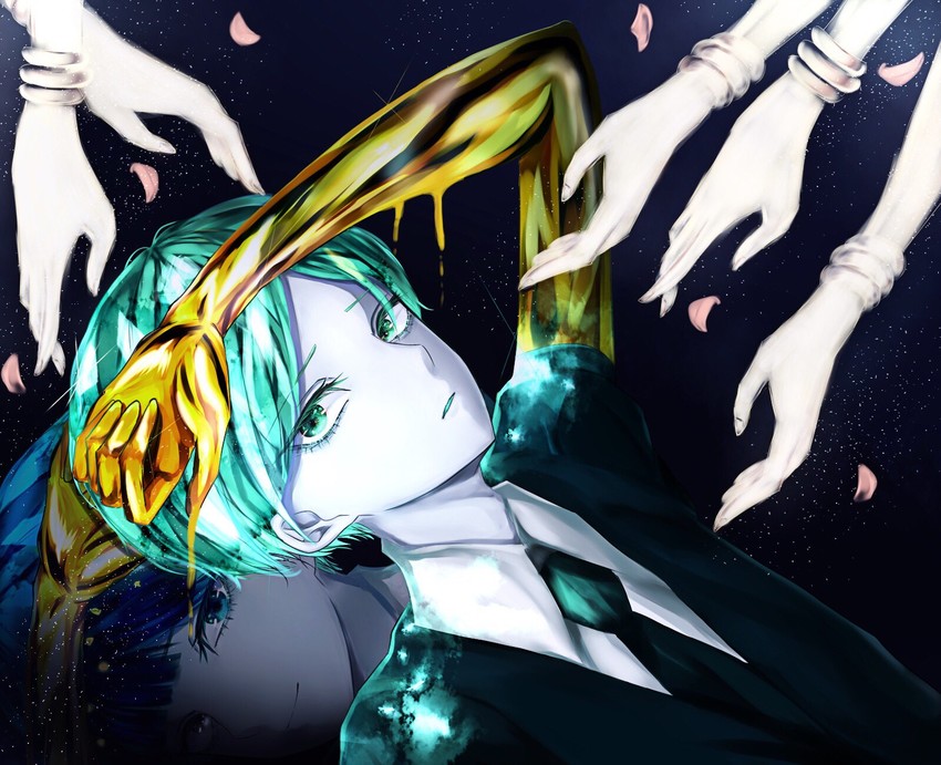 phosphophyllite, lapis lazuli, and tsuki jin (houseki no kuni) drawn by setuna727cat