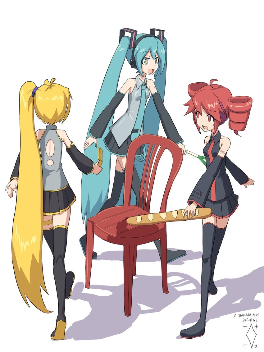 hatsune miku, kasane teto, and akita neru (vocaloid and 2 more) drawn by digiral
