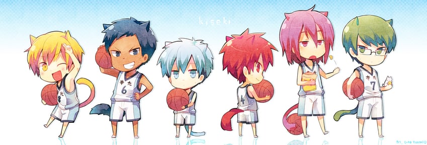 kuroko tetsuya, aomine daiki, kise ryouta, akashi seijuurou, midorima shintarou, and 1 more (kuroko no basuke) drawn by yuzuki_gao