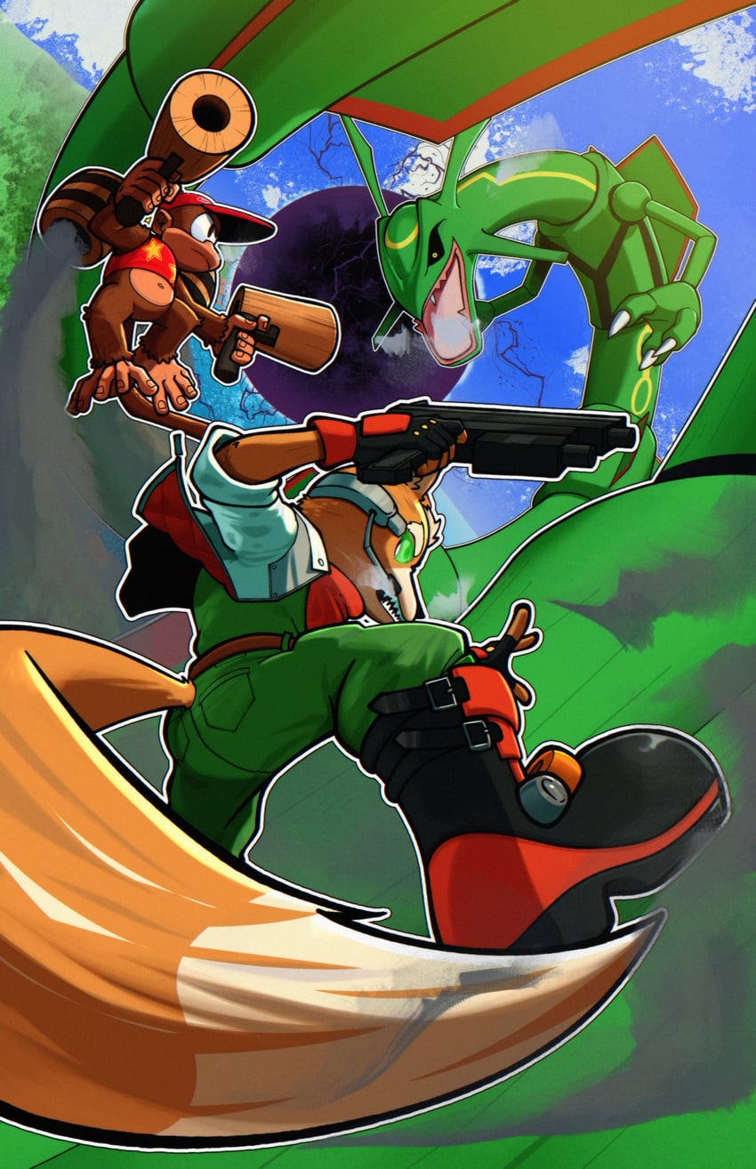 rayquaza, fox mccloud, and diddy kong (pokemon and 5 more) drawn by sammytighe
