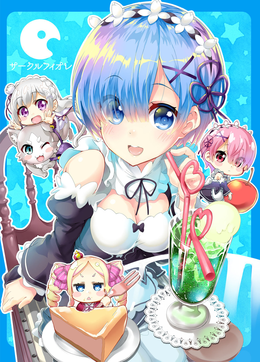 rem, emilia, ram, beatrice, and puck (re:zero kara hajimeru isekai seikatsu) drawn by ekakibito