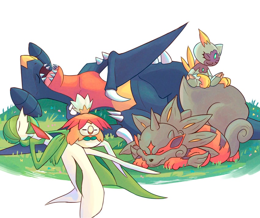 gardevoir, rowlet, garchomp, sneasel, and hisuian arcanine (pokemon) drawn by truejekart