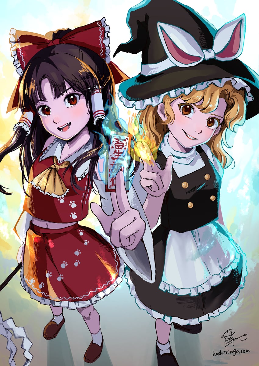 hakurei reimu and kirisame marisa (touhou and 1 more) drawn by hoshiringo0902