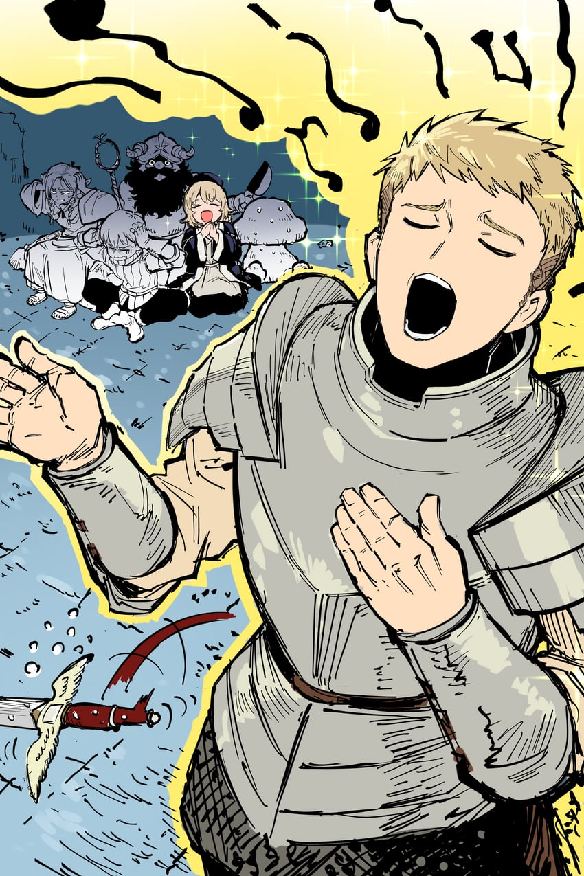 marcille donato, falin touden, laios touden, senshi, and chilchuck tims (dungeon meshi) drawn by yw763762338