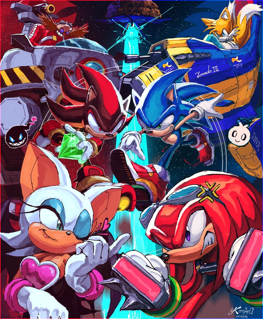 sonic the hedgehog, shadow the hedgehog, rouge the bat, tails, knuckles the echidna, and 3 more (sonic and 2 more) drawn by kornart