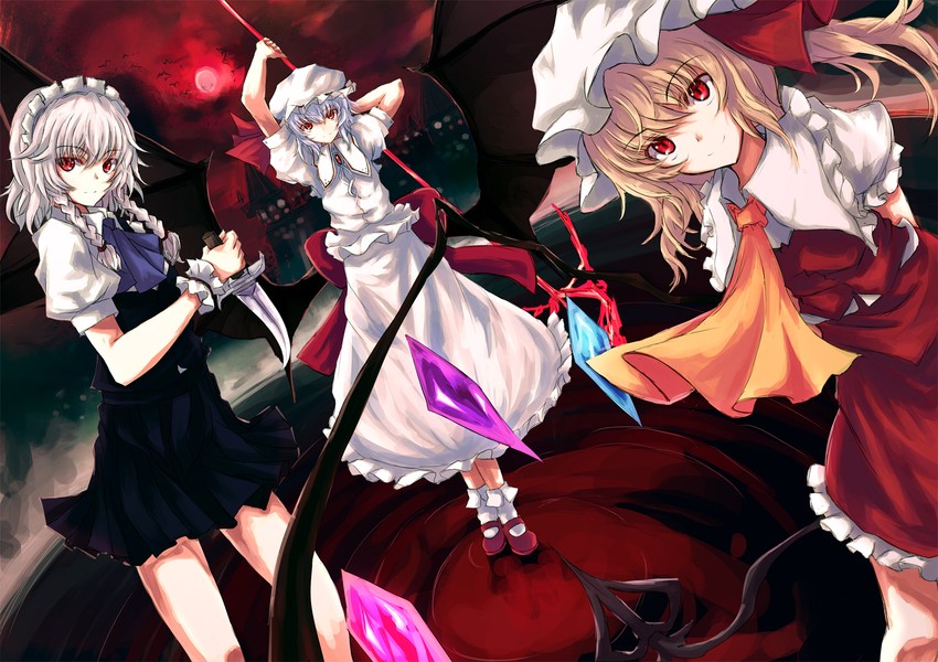 remilia scarlet, flandre scarlet, and izayoi sakuya (touhou) drawn by asagi_(kabocha_oukoku)