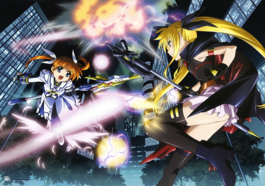 fate testarossa, takamachi nanoha, raising heart, and bardiche (lyrical nanoha and 2 more) drawn by okuda_yasuhiro