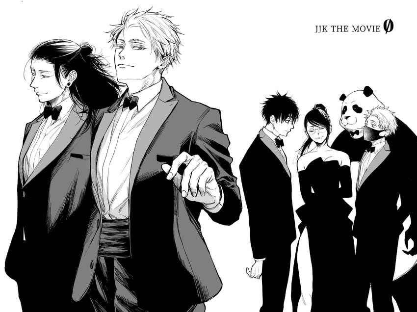 gojou satoru, getou suguru, zen'in maki, okkotsu yuuta, inumaki toge, and 1 more (jujutsu kaisen) drawn by mztm_juju