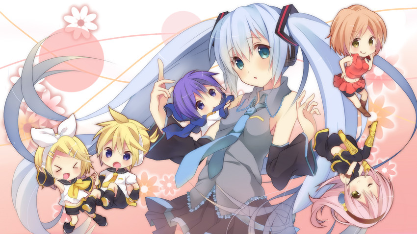 hatsune miku, kagamine rin, kagamine len, megurine luka, and meiko (vocaloid) drawn by kumakichi_(toshigat)
