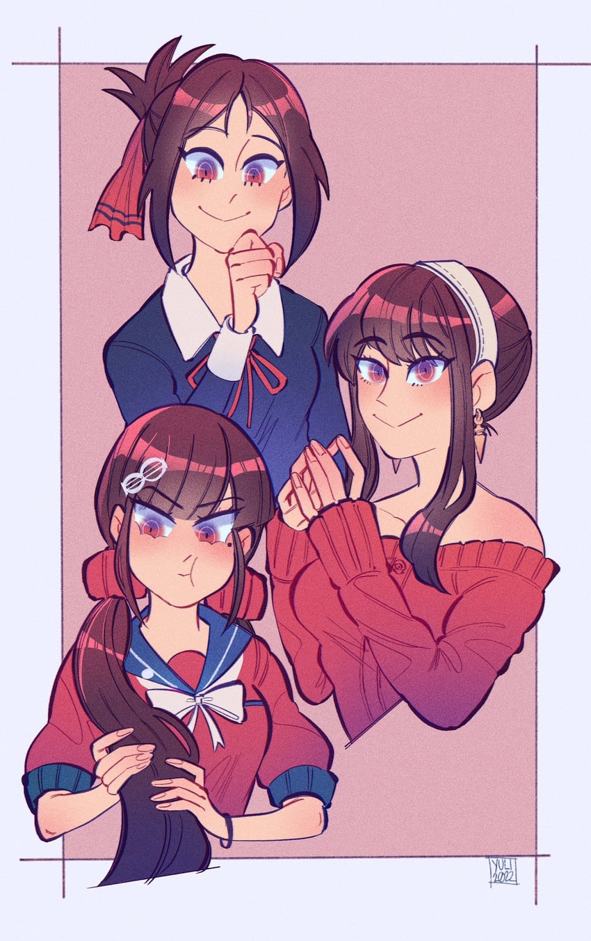 yor briar, harukawa maki, and shinomiya kaguya (danganronpa and 3 more) drawn by hellshake_yuli