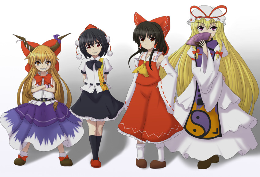 hakurei reimu, yakumo yukari, shameimaru aya, and ibuki suika (touhou) drawn by teoi_(good_chaos)