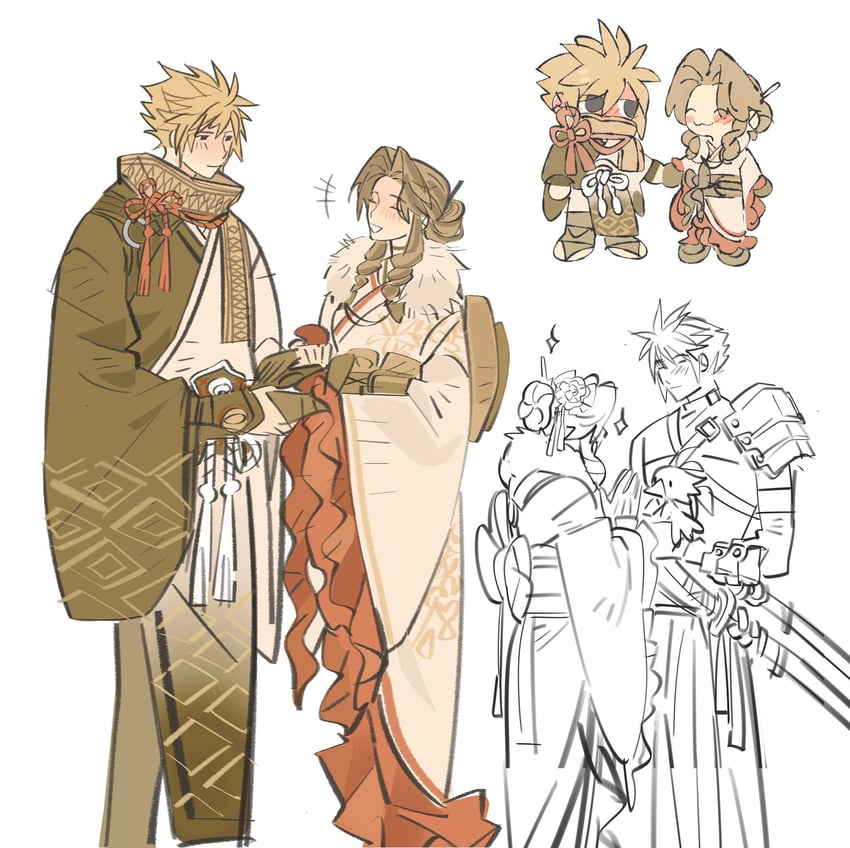cloud strife and aerith gainsborough (final fantasy and 2 more) drawn by mmmckayyy