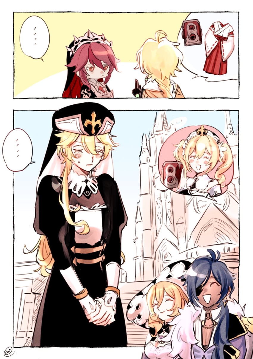aether, barbara, kaeya, lisa, and rosaria (genshin impact) drawn by reimi0792