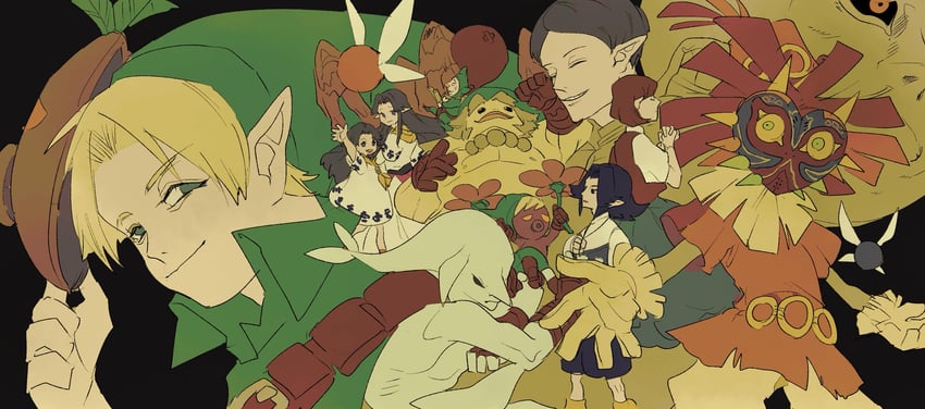 link, young link, majora, tatl, skull kid, and 12 more (the legend of zelda and 1 more) drawn by higashino