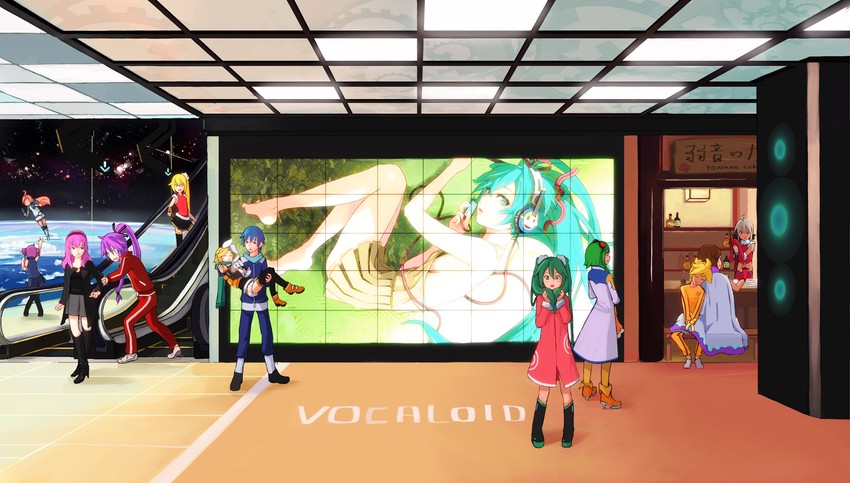 hatsune miku, kagamine rin, kagamine len, megurine luka, kasane teto, and 7 more (vocaloid and 1 more) drawn by elrowa