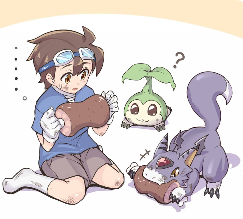tanemon, dorumon, and doumoto kouta (digimon and 1 more) drawn by hawe_king