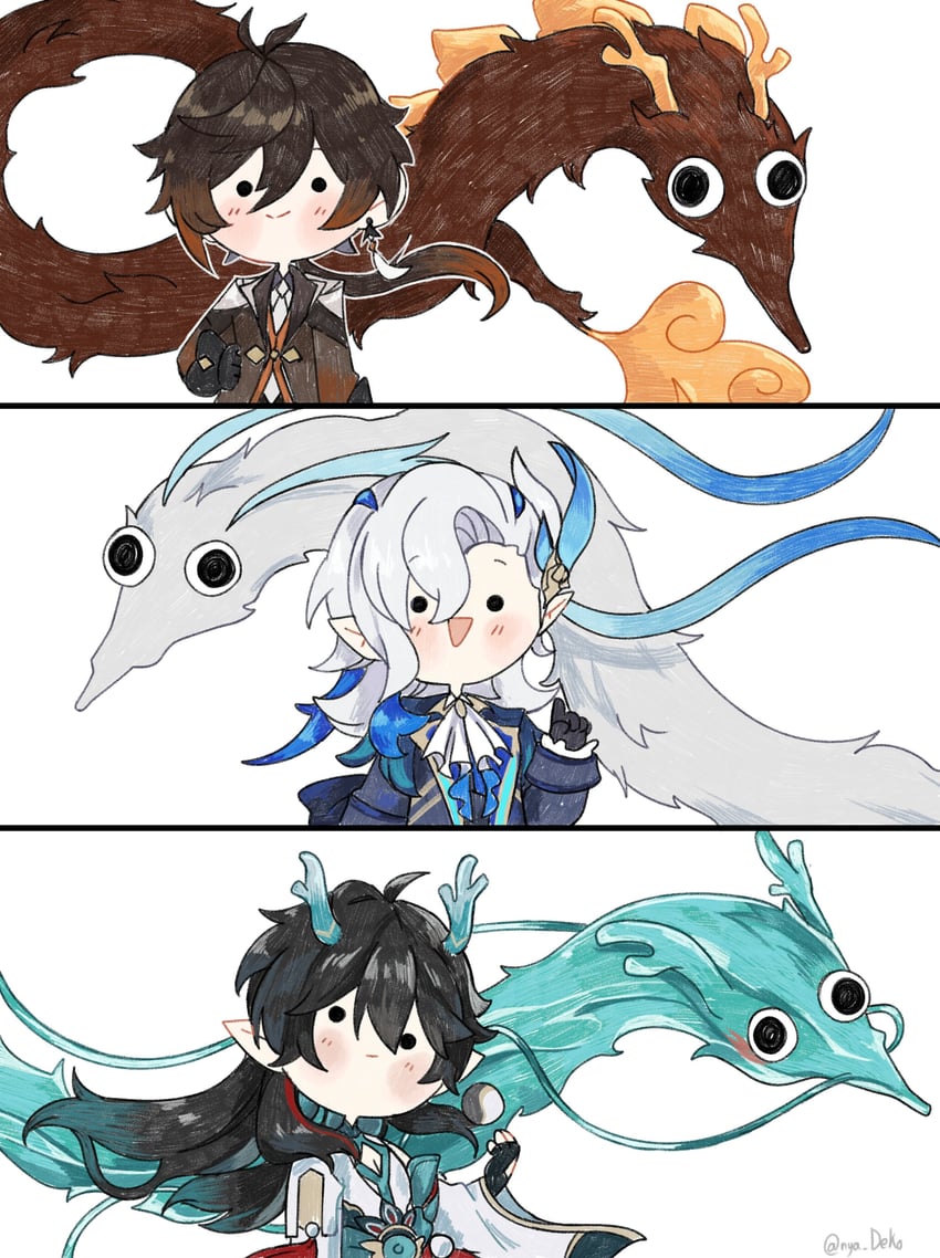 zhongli, dan heng, neuvillette, and rex lapis (genshin impact and 4 more) drawn by nya_deko