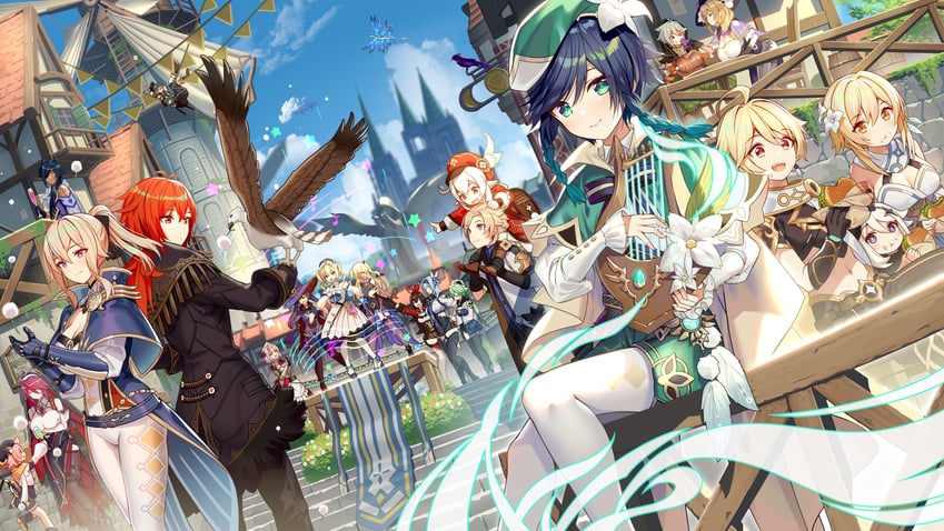 lumine, aether, mona, venti, paimon, and 17 more (genshin impact) drawn by akusema