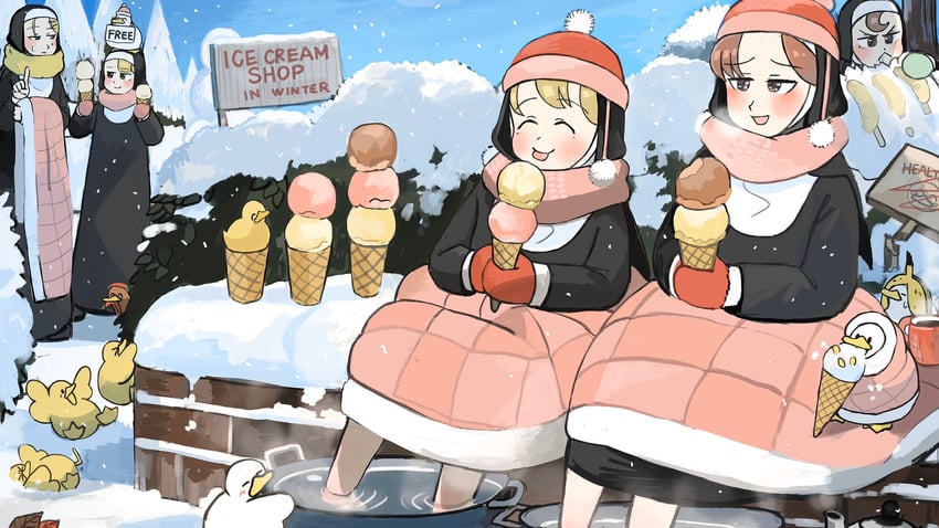 clumsy nun, froggy nun, spicy nun, strict nun, and hungry nun (little nuns) drawn by diva_(hyxpk)