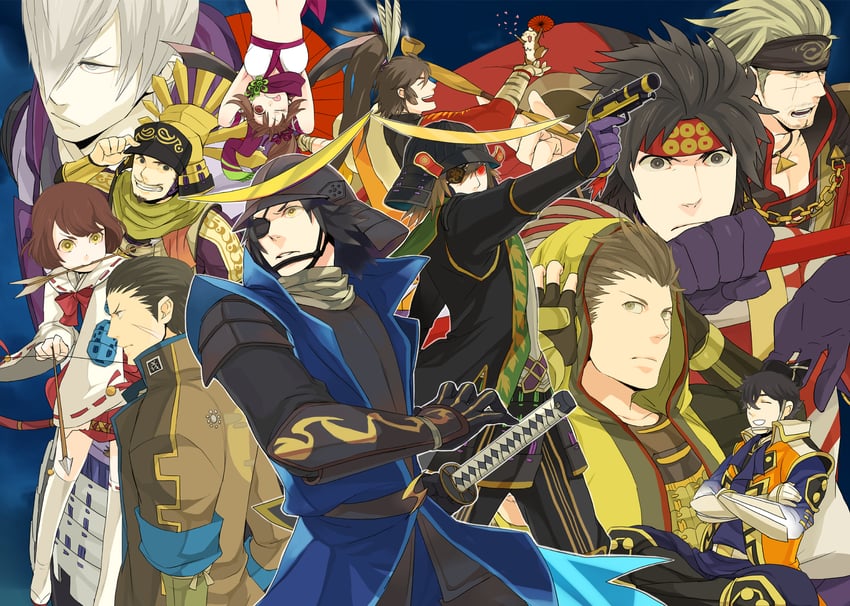 date masamune, ishida mitsunari, tokugawa ieyasu, katakura kojuurou, tsuruhime, and 7 more (sengoku basara and 1 more) drawn by kzouzou