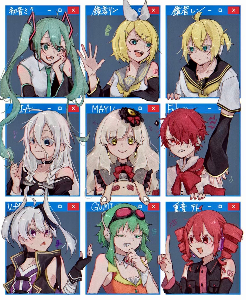 hatsune miku, kagamine rin, kagamine len, kasane teto, gumi, and 5 more (vocaloid and 2 more) drawn by nyafu_1924