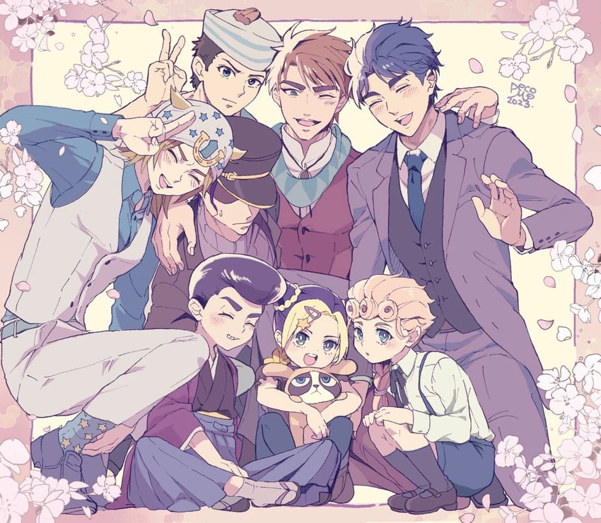 joseph joestar, kujo jotaro, kujo jolyne, giorno giovanna, jonathan joestar, and 3 more (jojo no kimyou na bouken and 8 more) drawn by morino_peko
