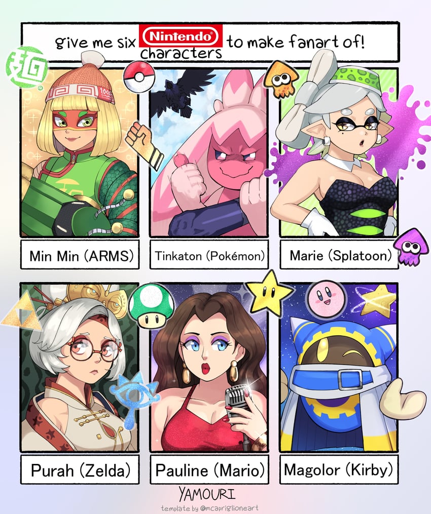 kirby, marie, purah, magolor, min min, and 3 more (pokemon and 11 more) drawn by yamouri