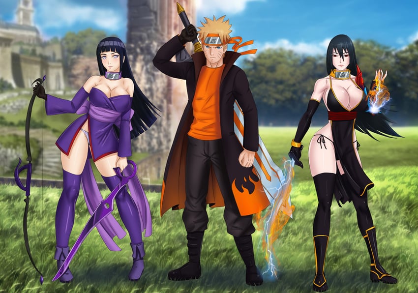 uzumaki naruto, hyuuga hinata, and uchiha sasuke (naruto) drawn by amenoosa