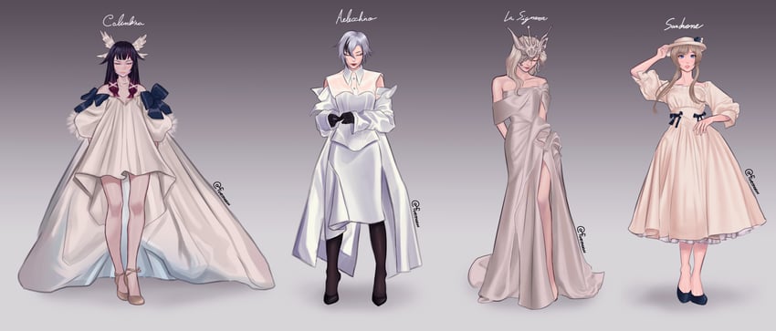 arlecchino, columbina, signora, and sandrone (genshin impact) drawn by fuemoon