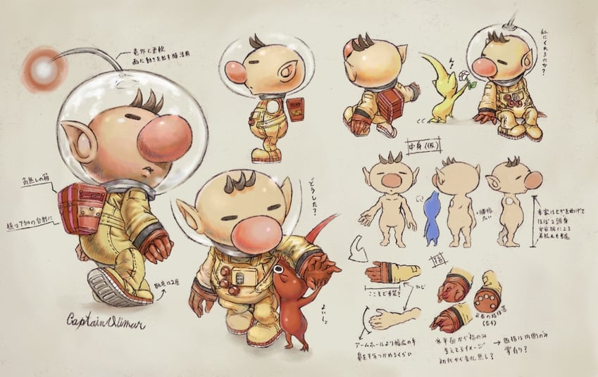red pikmin, olimar, yellow pikmin, and blue pikmin (pikmin) drawn by nomura_(arumon)