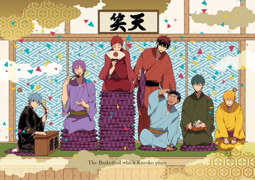 kuroko tetsuya, aomine daiki, kise ryouta, kagami taiga, akashi seijuurou, and 2 more (kuroko no basuke and 1 more) drawn by ko-man