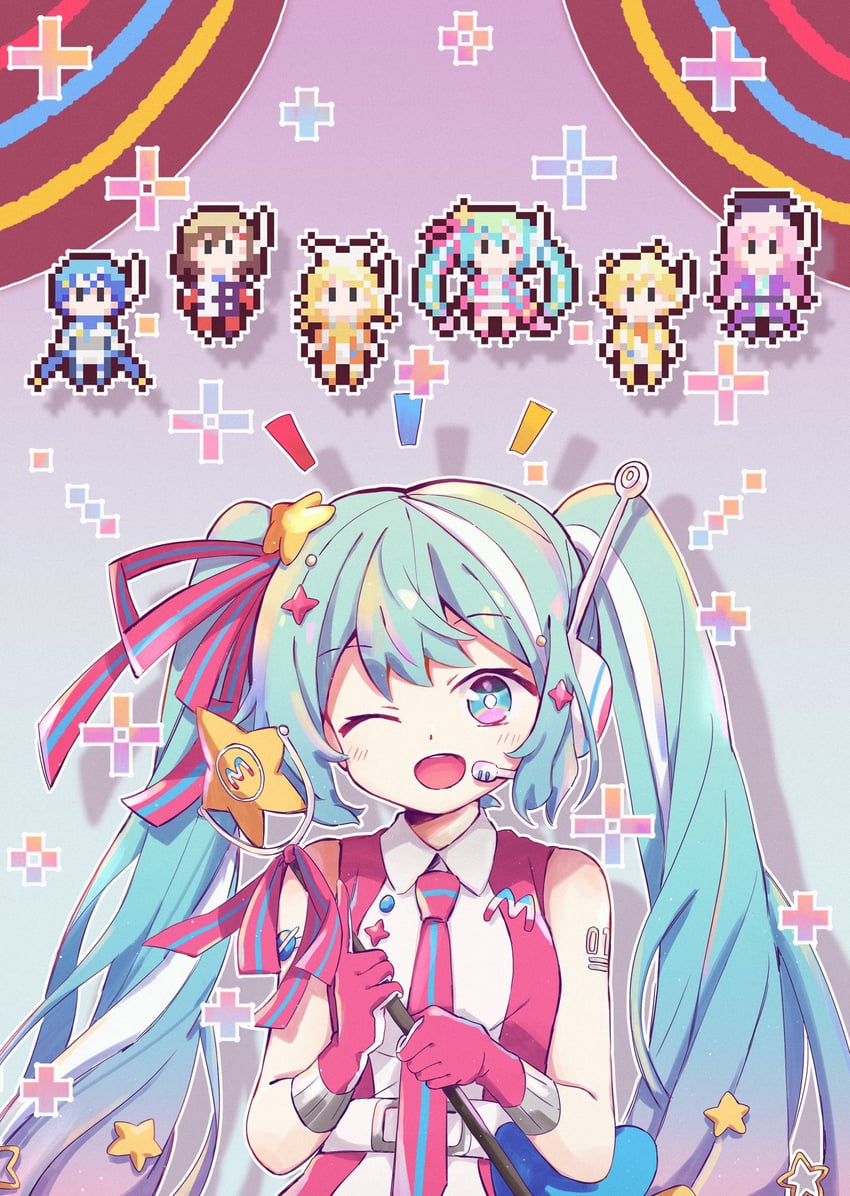 hatsune miku, kagamine rin, kagamine len, megurine luka, kaito, and 7 more (vocaloid and 1 more) drawn by seomin