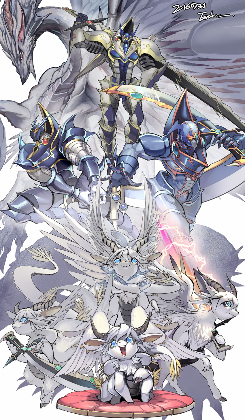 buster blader, buster whelp of the destruction swordsman, buster dragon, buster blader the dragon destroyer swordsman, and buster blader the destruction swordsmaster (yu-gi-oh! and 1 more) drawn by e_volution